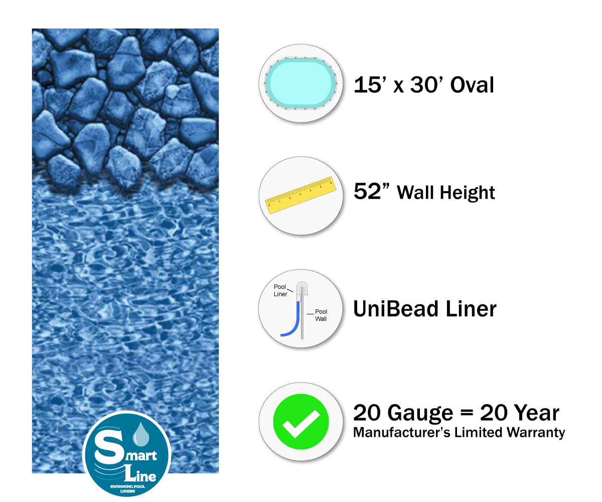 UniBead Style Designed for Steel Sided Above-Ground Swimming Pools 52-Inch Wall Height 20 Gauge Virgin Vinyl Smartline Boulder Swirl 15-Foot-by-30-Foot Oval Liner