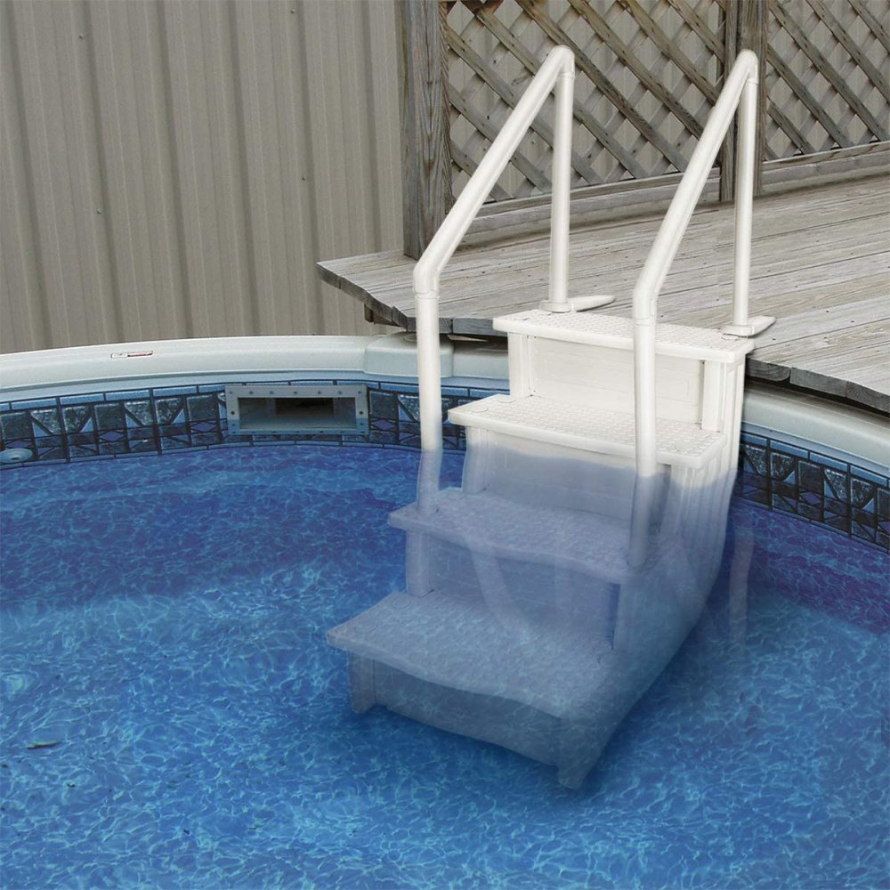 Aqua Select® Above Ground White Anti-Slip Pool Steps Attached to Deck