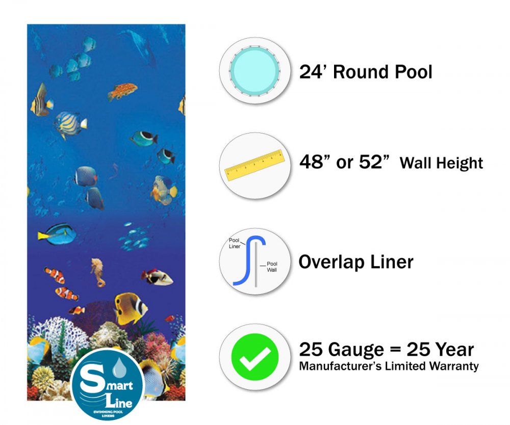 Designed for Steel Sided Above-Ground Swimming Pools 25 Gauge Virgin Vinyl 48-to-52-Inch Wall Height Overlap Style Smartline Caribbean 28-Foot Round Liner 
