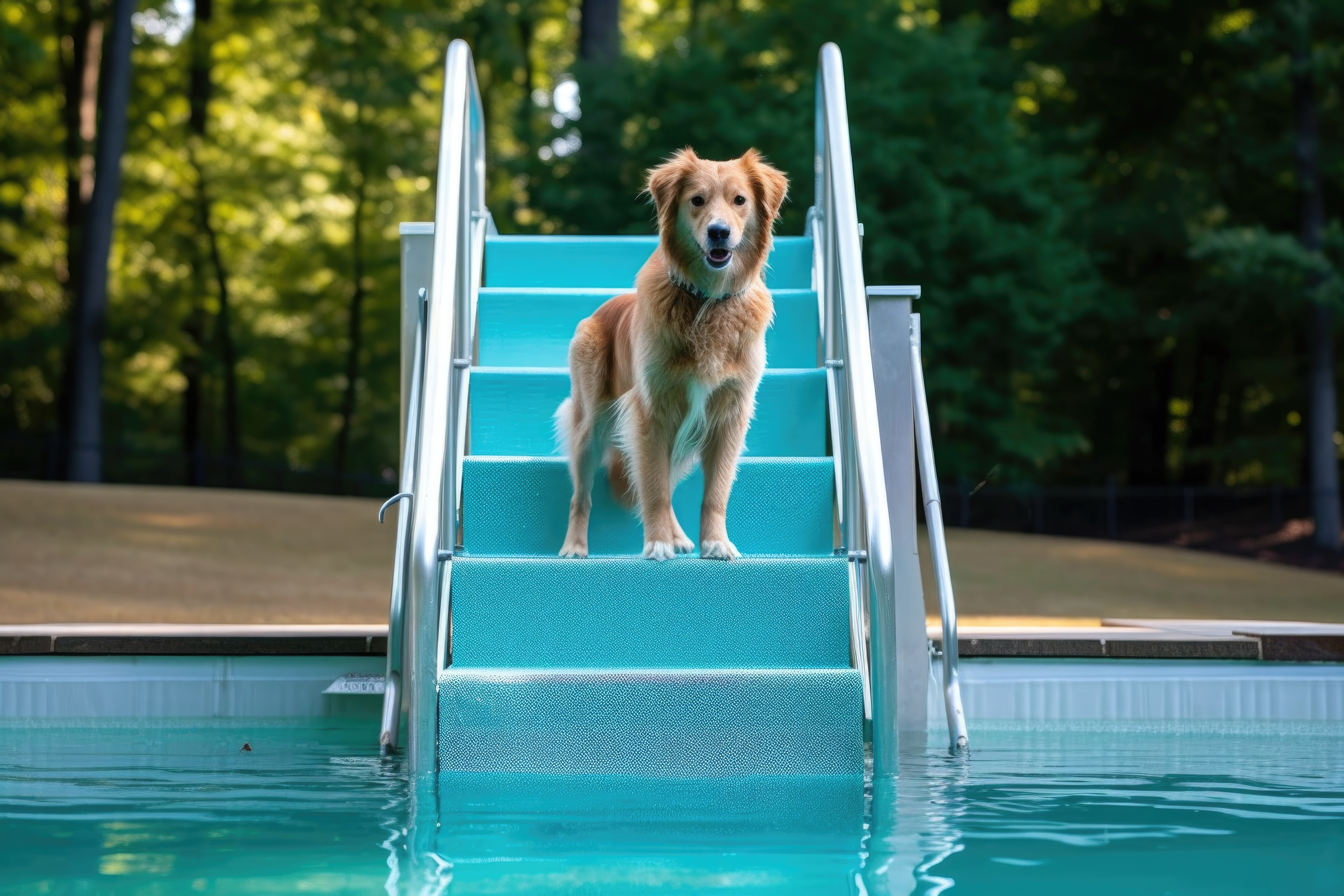 dog standing on above ground pool steps submerged in pool located in backyard